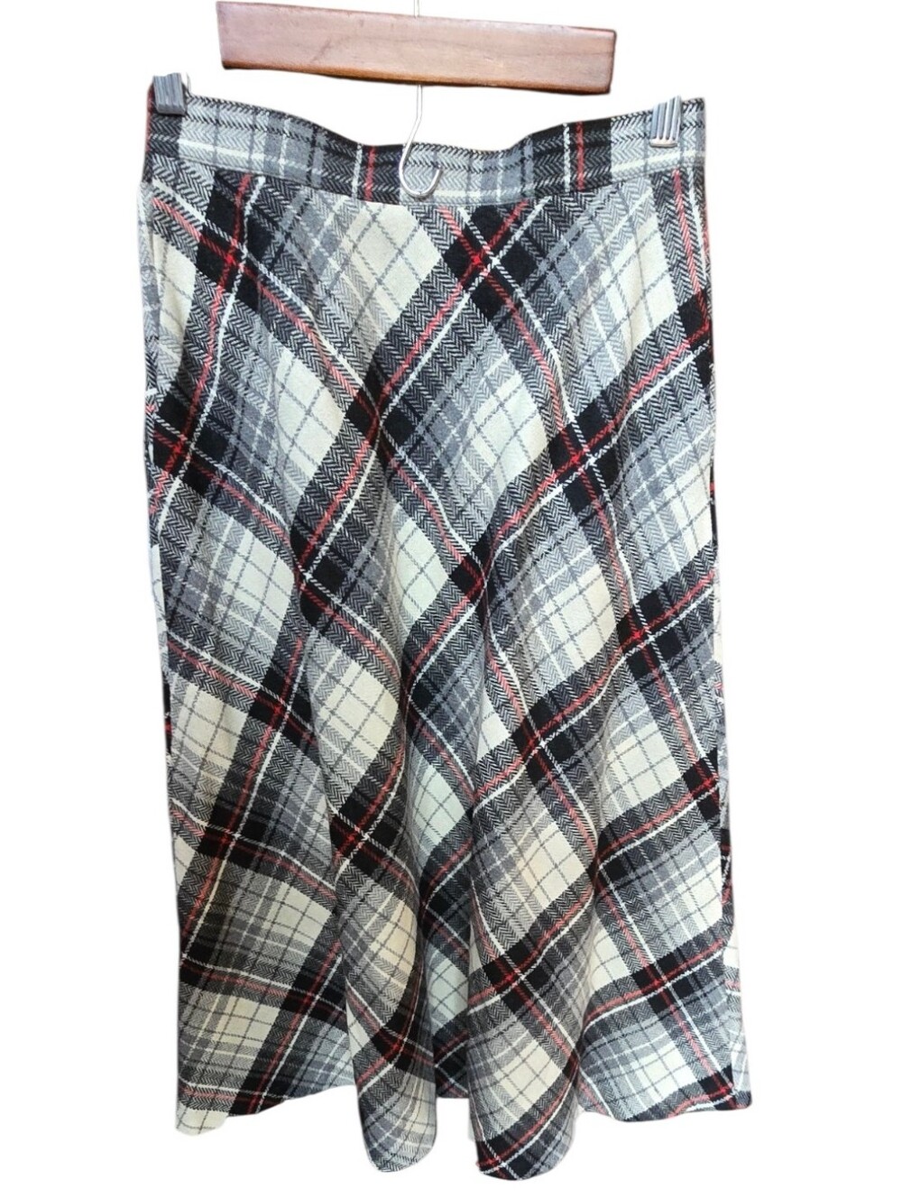 Vintage 1980s B. Bronson Plaid Wool Blend Midi Skirt Black White Red 8 - Picture 5 of 6
